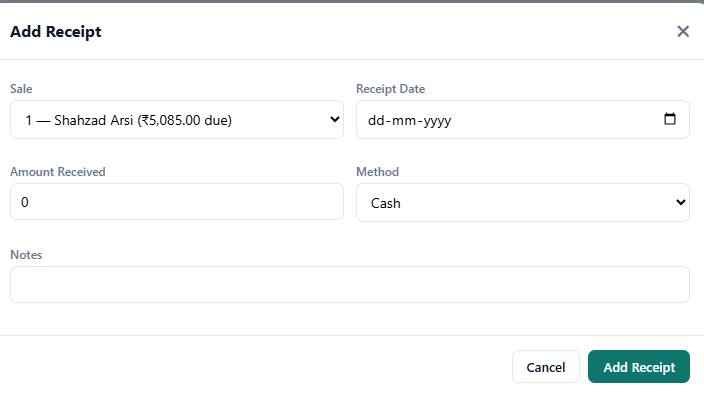 Logging a customer receipt against the invoice