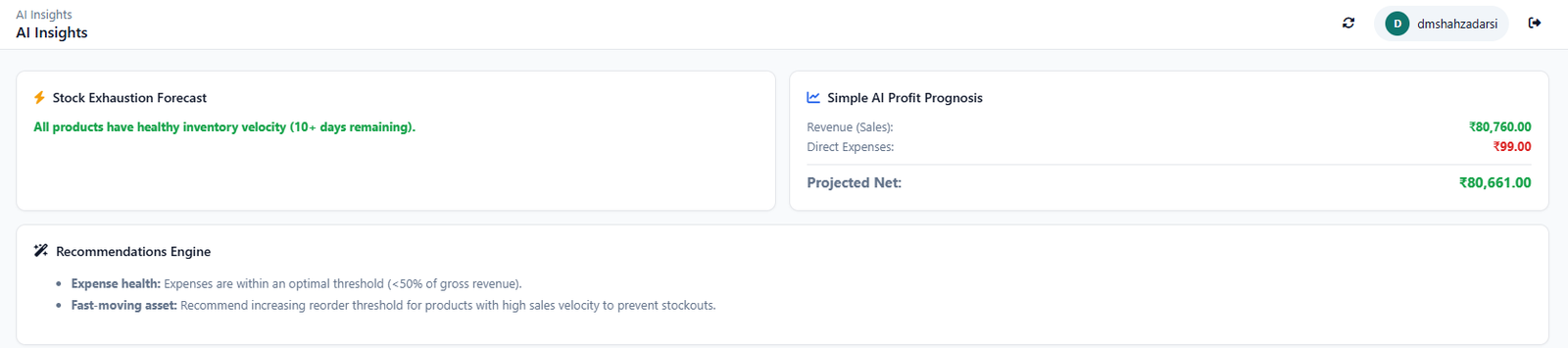 AI Insights screen showing stock exhaustion forecast, profit prognosis, and recommendations