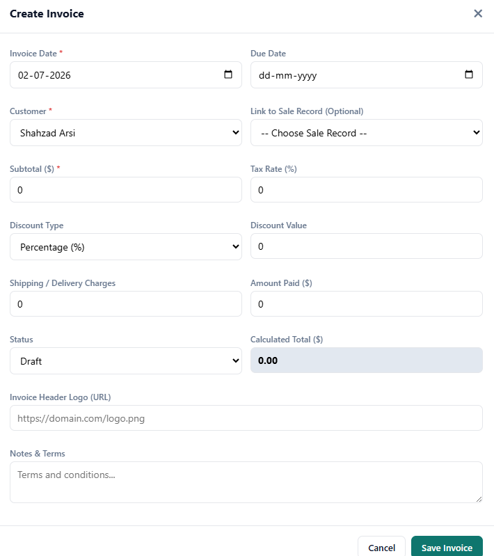 Invoice creation screen generated from sales data
