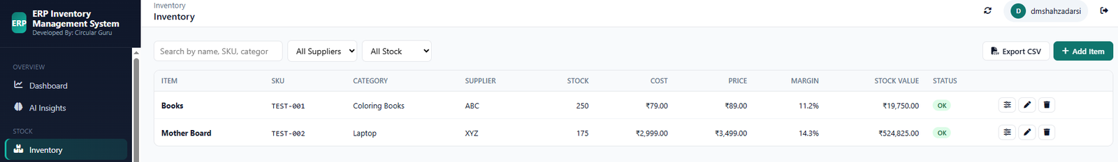 Inventory list showing SKU, stock, cost, price, margin, and stock value