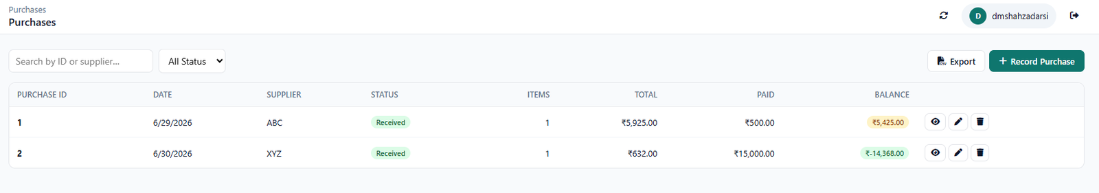 Purchases list tracking purchase orders by supplier