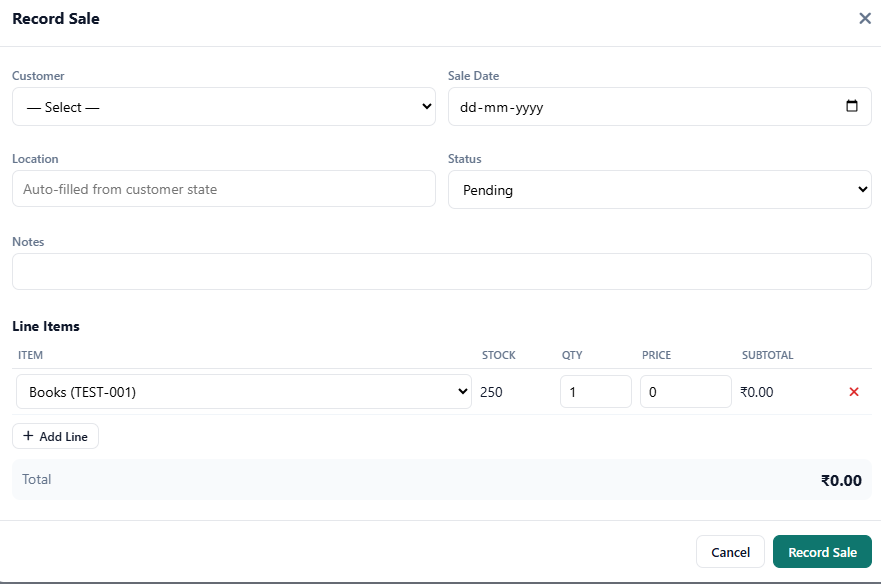 Recording a sale, which generates an invoice and decreases stock