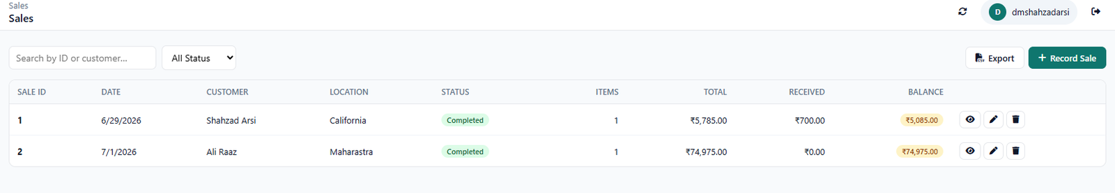 Sales list recording sales transactions as they happen