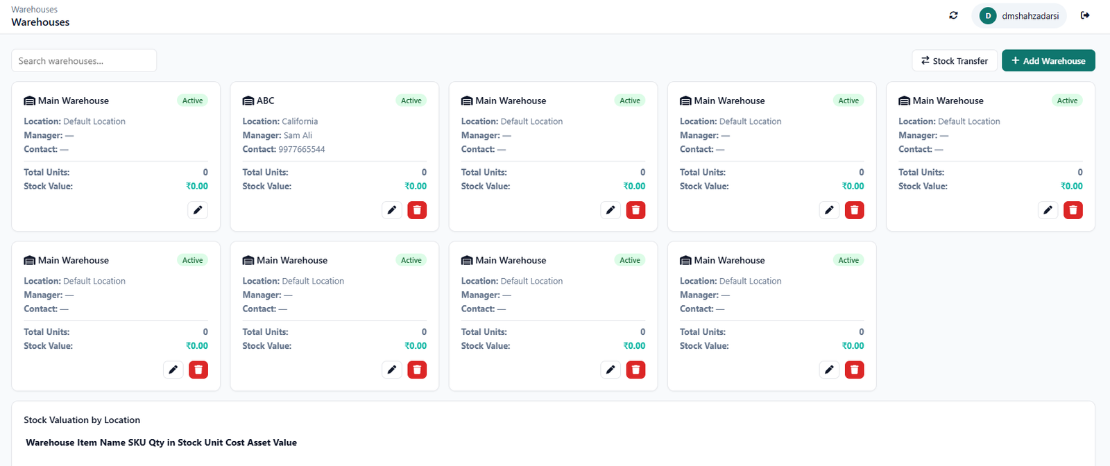 Warehouses module tracking stock across multiple locations